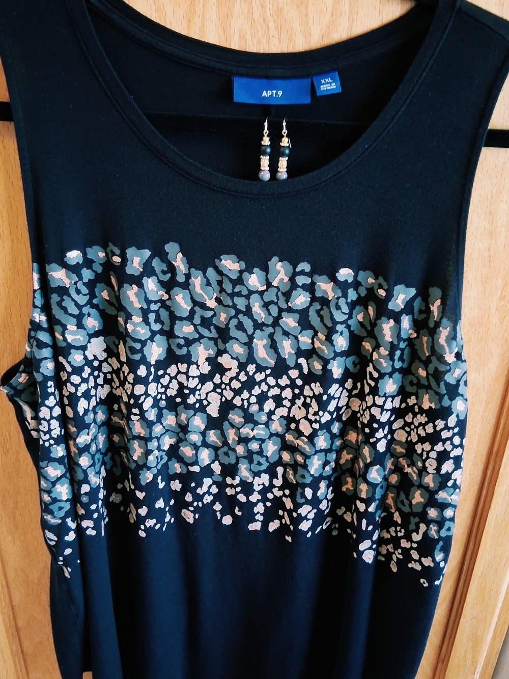 Black Tank Top with Glittery Gold Tone Leopard Print Includes Earrings